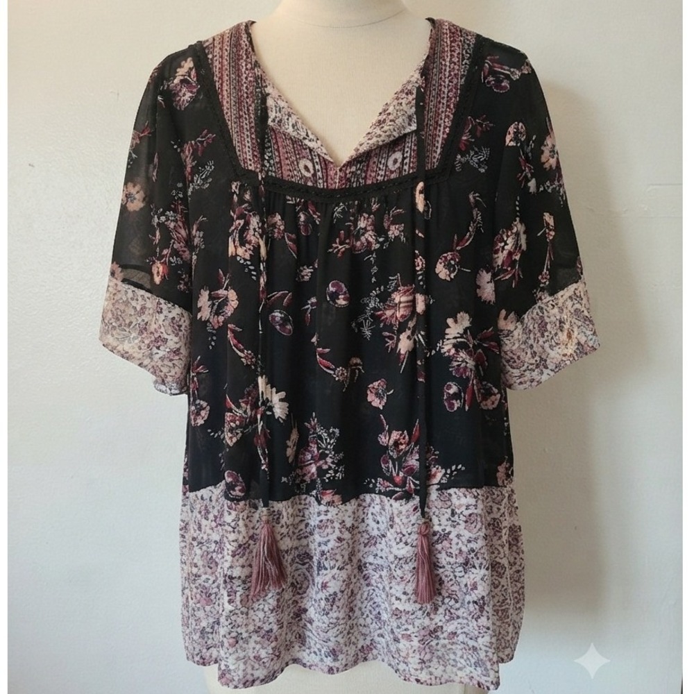 Artesia Womens Floral Boho Peasant Blouse Black Pink Tassel Tie Lace Trim XL